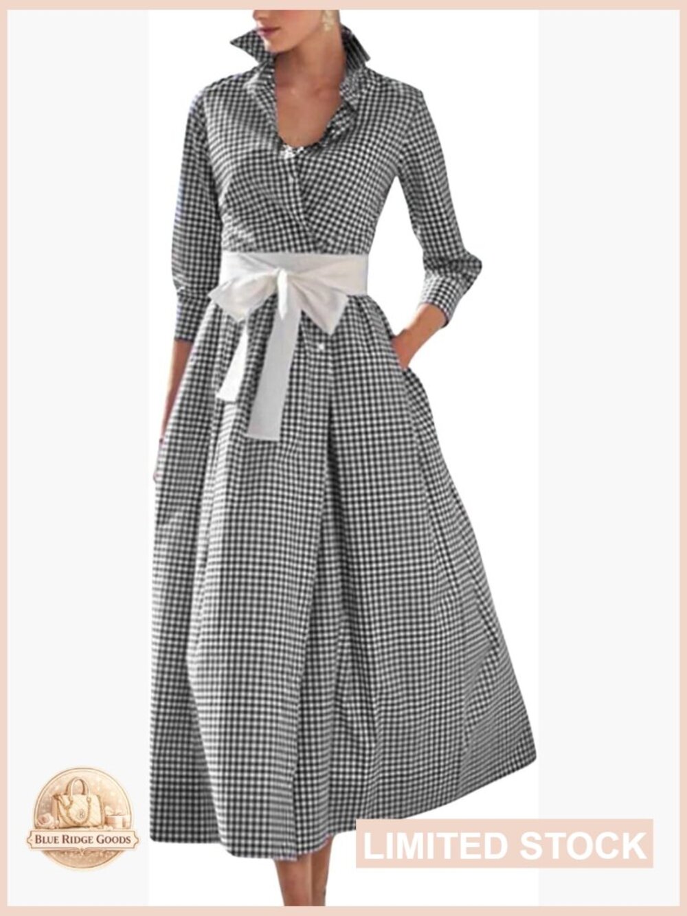 Retro Plaid Button Up Maxi Shirt Dress 3/4 Sleeve Gingham Pocketed with Belt - Picture 1 of 3